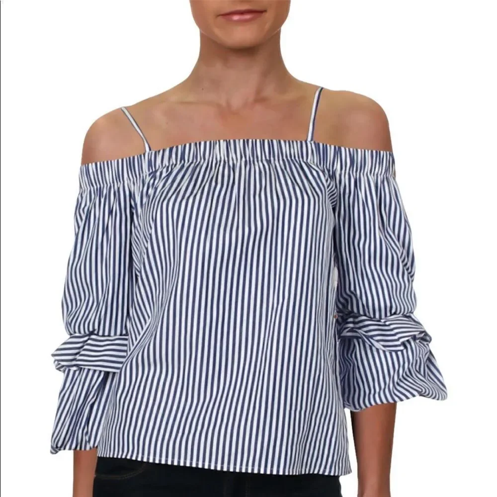 BCX Blue Striped Off The Shoulder Blouse - Picture 1 of 6